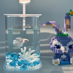 Аквариум с высокой прозрачностью + подсветка в виде цветов + крышка + основание + водоросли + раковина + измельченный алмаз